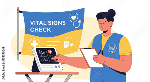 Nurse checking vital signs, blood pressure, heart rate on digital monitor, medical checkup