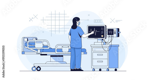 Nurse checking vital signs on monitor next to hospital bed, medical technology concept