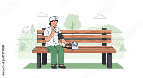 Nurse checks blood pressure on park bench, outdoor medical checkup concept
