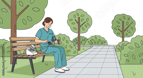 Nurse checks blood pressure on park bench, outdoor medical checkup, health care concept