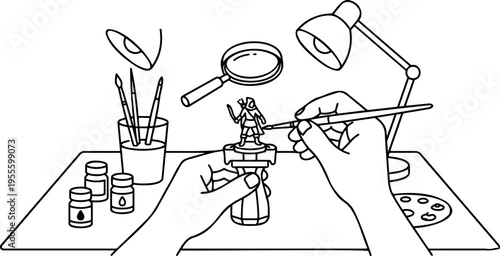 Line art vector of hands painting a fantasy miniature figure on desk