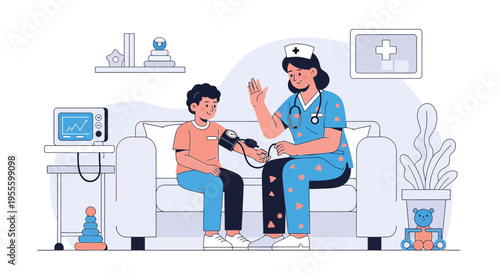 Nurse checks child's blood pressure, medical checkup, healthcare, doctor's office, pediatric care