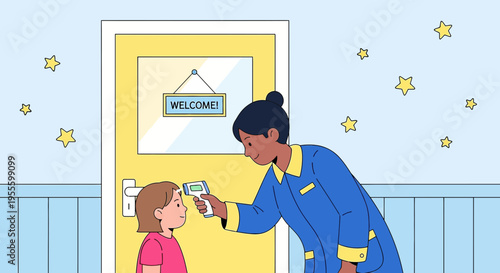 Nurse checks child's temperature with infrared thermometer at school entrance