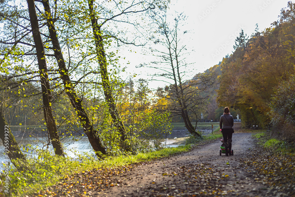 Obraz premium Woman pushing stroller on autumn forest path by pond