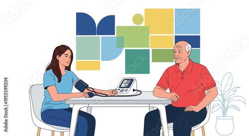 Nurse checks elderly man's blood pressure at table, healthcare concept