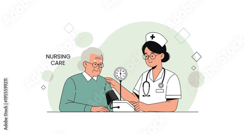 Nurse checks elderly man's blood pressure, symbolizing healthcare and senior care.