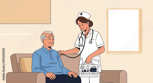 Nurse checks elderly man's health with stethoscope at home, caring for senior patient
