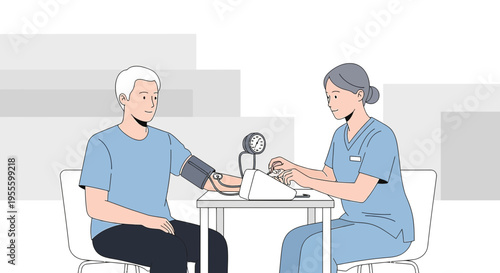 Nurse checks elderly man's blood pressure with sphygmomanometer, healthcare concept