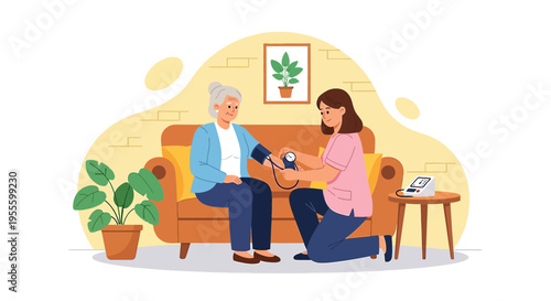 Nurse checks elderly woman's blood pressure at home, healthcare concept