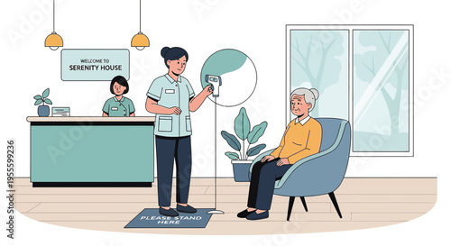 Nurse checks elderly patient's temperature at reception of Serenity House care home