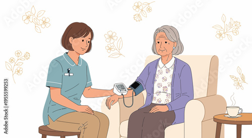 Nurse checks elderly woman's blood pressure at home, healthcare, medical checkup, senior care