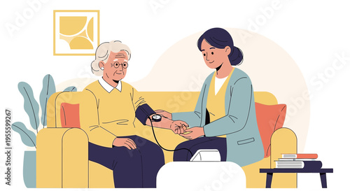 Nurse checks elderly woman's blood pressure at home, healthcare, medical checkup, senior care
