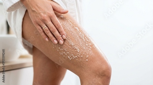 Beauty Woman Applying Salt Body Scrub to Leg in Bright Bathroom. Exfoliating Skincare Routine, Cellulite Treatment, and Spa Wellness with White Copy Space.