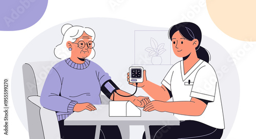 Nurse checks elderly woman's blood pressure, healthcare, home visit, medical checkup