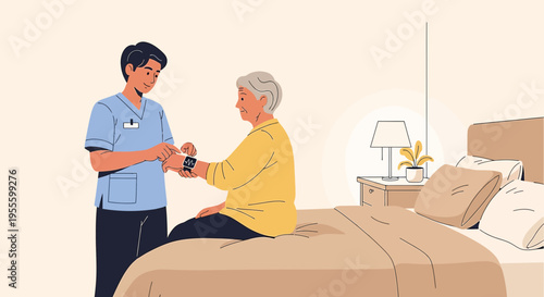 Nurse checks elderly woman's smartwatch for health monitoring in bedroom