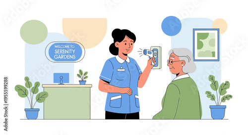 Nurse checks elderly woman's temperature with infrared thermometer at Serenity Gardens entrance