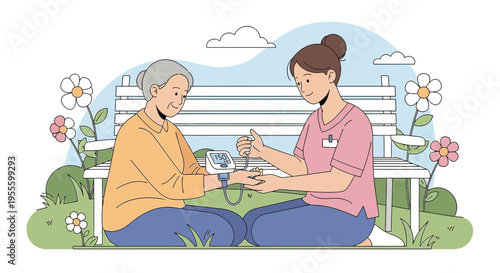 Nurse checks elderly woman's blood sugar in a park, promoting healthcare and well-being.