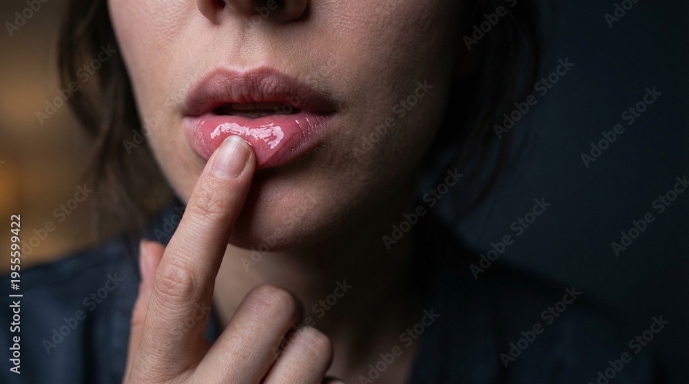Fototapeta premium Cinematic Close Up of Woman Applying Glossy Lip Treatment with Finger. Moody Lighting for Luxury Skincare Branding, Nighttime Beauty Ritual and Lip Care Marketing.