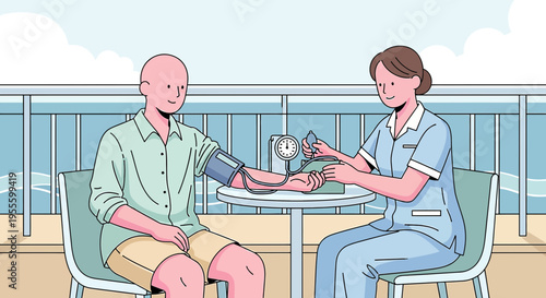 Nurse checks patient's blood pressure on a cruise ship deck with ocean view
