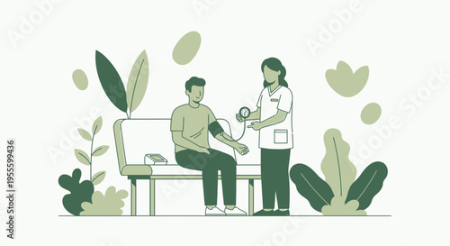 Nurse checks patient's blood pressure outdoors with plants in background
