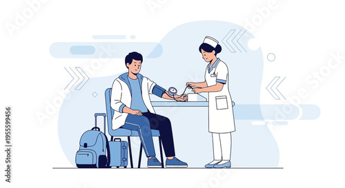 Nurse checks patient's blood pressure, medical checkup, travel health concept
