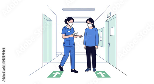 Nurse checks patient's temperature with infrared thermometer in hospital corridor