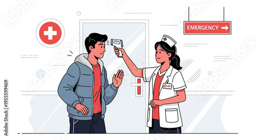 Nurse checks patient's temperature with infrared thermometer at hospital emergency room entrance.