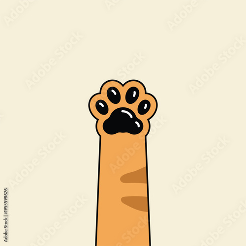 Cute cartoon paw rises from light beige background. Orange fur with darker stripes adds playful texture. Black pads stand out against warm tones. Simple design makes it perfect for digital content