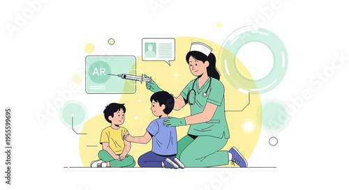 Nurse gives vaccination to children, AR technology in healthcare, pediatric care concept