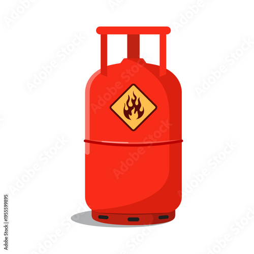 Red gas cylinder with flammable hazard symbol propane tank for fuel storage safety warning sign industrial vector illustration.