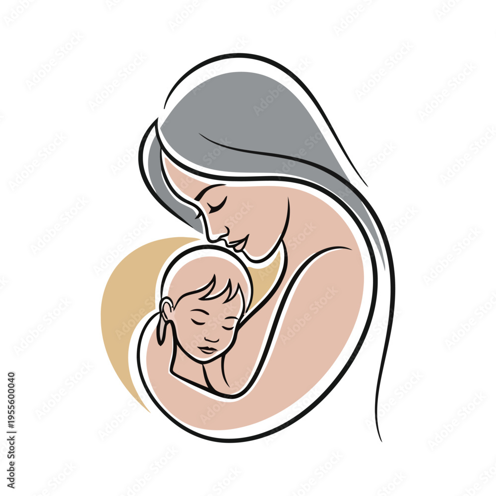 Fototapeta premium A tender artistic illustration of a mother lovingly holding her sleeping baby in a soft embrace