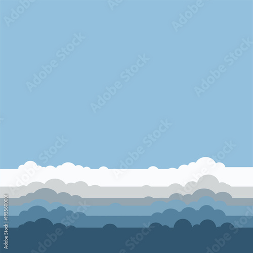 A minimalist flat vector illustration featuring layers of stylized clouds against a clear sky