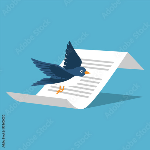 A flat vector illustration of a dark blue bird flying away from an open piece of white paper document