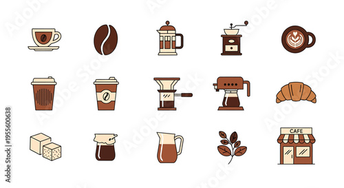 Set of modern coffee and bakery icons for cafe branding