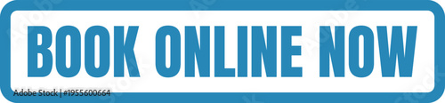 A bold blue rectangular button design featuring the white text book online now for website use Vector, illustration Stamp Icon.