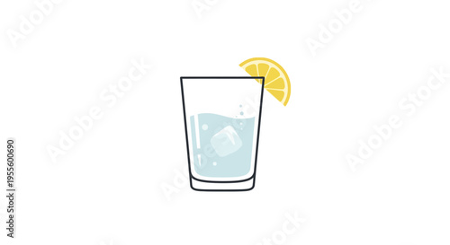 Refreshing summer beverage illustration with lemon wedge and ice cube in a glass