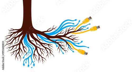 Tree with roots and cables emerging