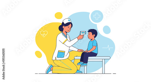 Nurse taking child's temperature with infrared thermometer in clinic