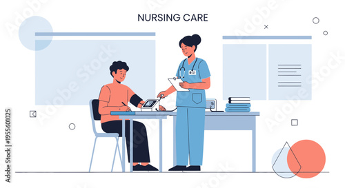 Nurse taking patient's blood pressure, healthcare, medical check-up, doctor's office, nursing care concept
