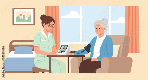 Nurse taking elderly woman's blood pressure in a cozy room, healthcare concept