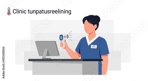 Nurse taking patient's temperature with infrared thermometer at clinic reception desk