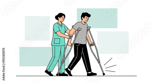 Nurse helps patient with crutches walk, rehabilitation after injury, physical therapy concept