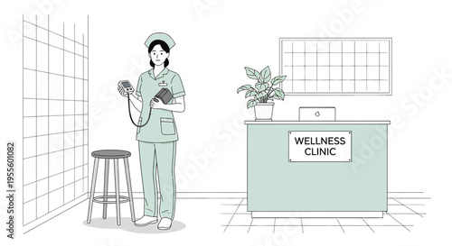 Nurse holding blood pressure monitor in a modern clinic reception area