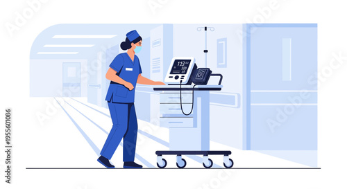 Nurse in blue uniform pushing medical equipment cart in hospital corridor
