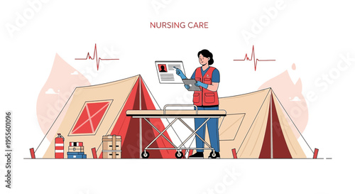 Nurse in disaster relief tent, medical emergency, patient care, healthcare, humanitarian aid
