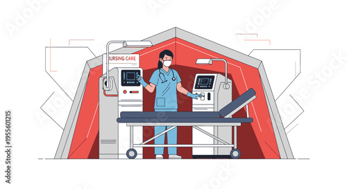 Nurse in PPE tending to medical equipment in a temporary hospital tent