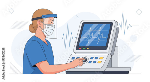 Nurse in protective gear operating medical monitor with heart rhythm display
