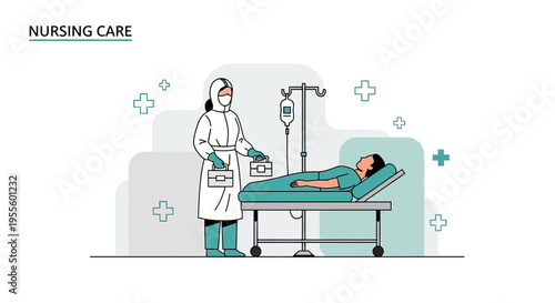 Nurse in protective suit caring for patient in hospital bed with IV drip, medical care concept