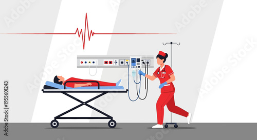 Nurse in red uniform attending patient on stretcher in hospital room with ECG monitor