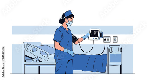 Nurse measuring patient's blood pressure in hospital room with medical equipment